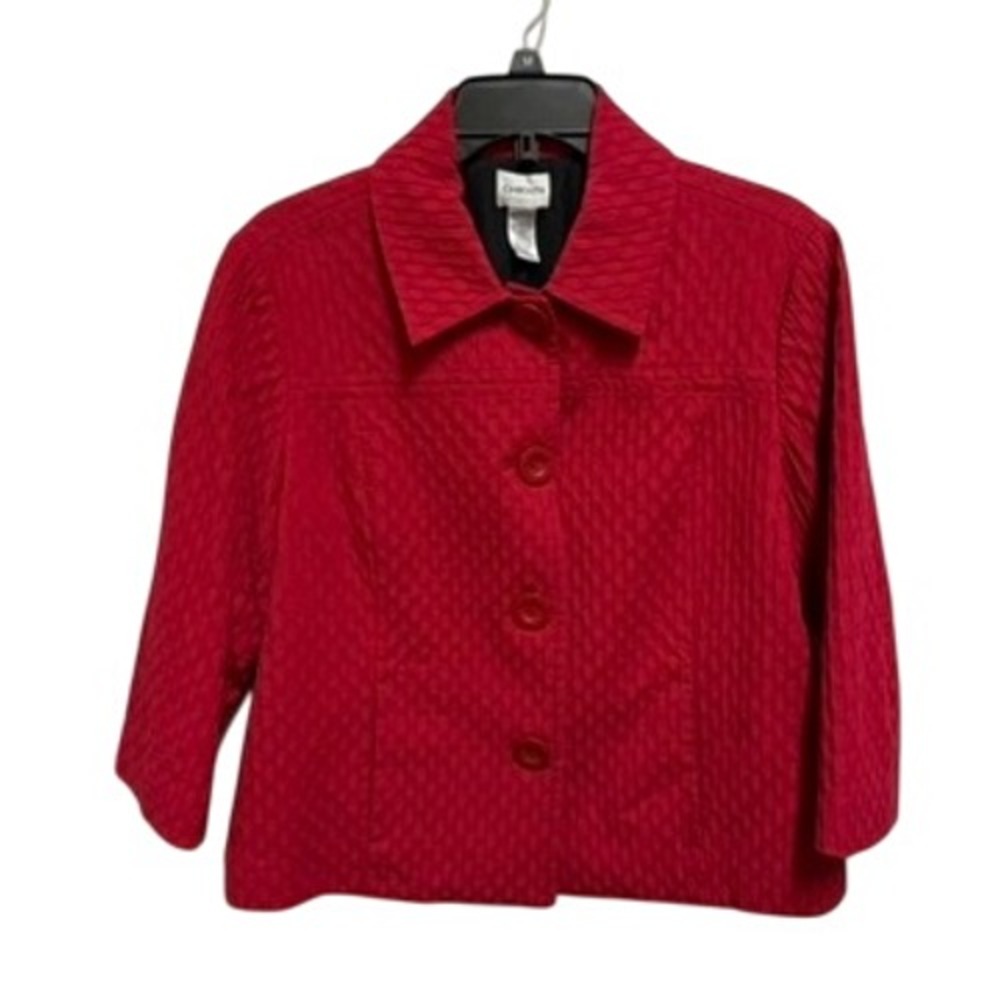 Chicos Red Quilted Feel Textured 3/4 Sleeve Cropped Jacket Blazer Size 1 M 8